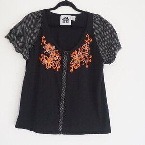Vintage Storybook Black Knit Orange Embroidered Beaded Floral Button Up Shirt 2X